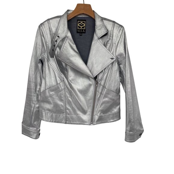 S.I.L.K. Metallic Silver Moto Jacket Women’s size Medium faux leather - Picture 1 of 10